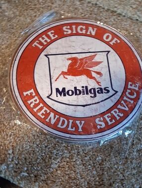 Vintage Mobilgas Round Sign - Red & White Pegasus Logo